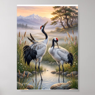 Póster Paisaje Brumoso Grullas Elegantes Naturaleza Vida 