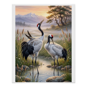 Póster Paisaje Brumoso Grullas Elegantes Naturaleza Vida