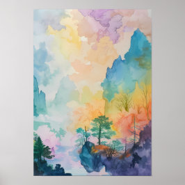 Póster Paisaje colorido con árboles y montañas