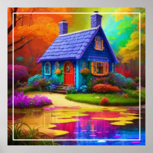 Póster Paisaje colorido con cabaña y lago-65456