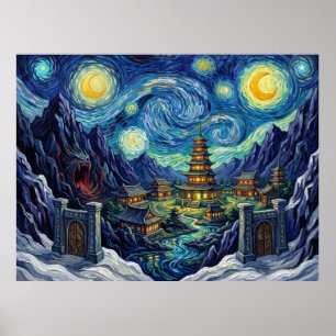 Póster Paisaje cómico de la noche estrellada de Kun-Lun