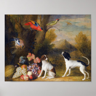 Póster Paisaje con aves exóticas y dos perros