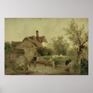 Póster Paisaje con cabaña