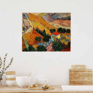 Póster Paisaje con casa y labrador,