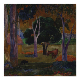 Póster Paisaje con cerdo y caballo por Paul Gauguin