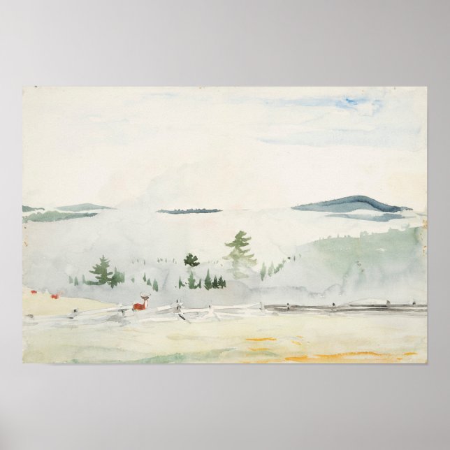 Póster Paisaje con ciervos en casa de invierno de neblina (Frente)