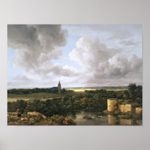 Póster Paisaje con el castillo y la iglesia arruinados