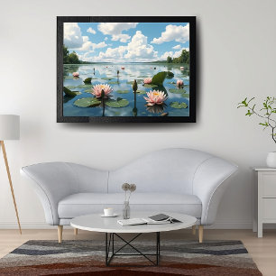 Póster Paisaje con flores de agua rosada y cielo nublado