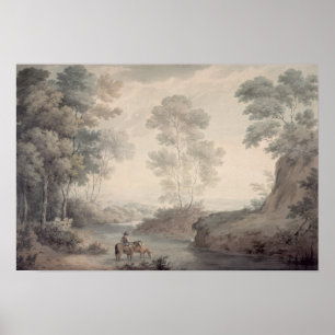 Póster Paisaje con riachuelo y riego de caballos