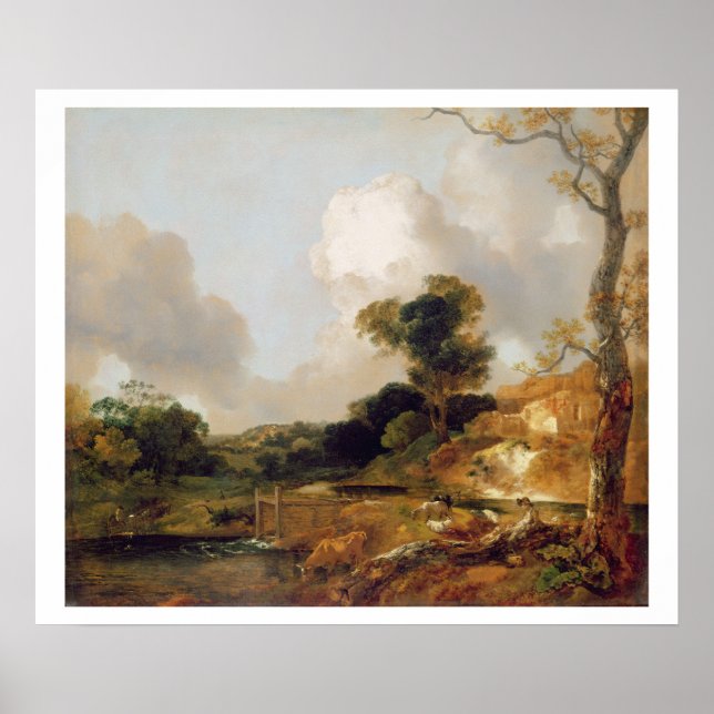 Póster Paisaje con Stream y Weir (aceite sobre lienzo) (Frente)