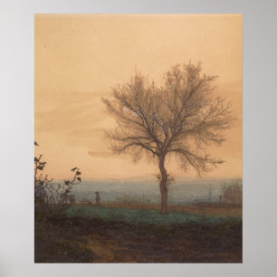 Póster Paisaje con un árbol desnudo y una flor
