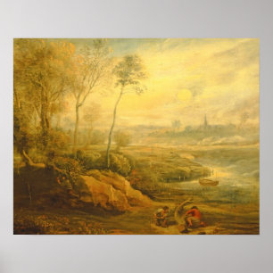 Póster Paisaje con un Birdcatcher (aceite en el panel)
