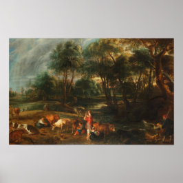 Póster Paisaje con vacas y cazadores de pollos