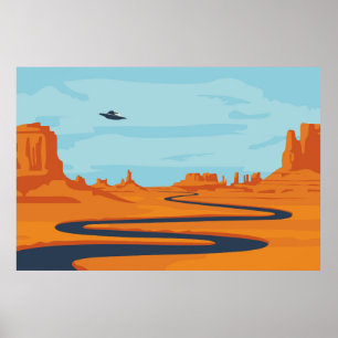 Póster paisaje con valle desierto, montañas, w oscuro