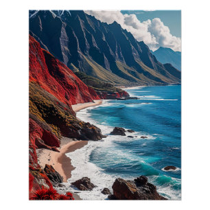 Póster Paisaje costero con acantilados rojos vibrantes