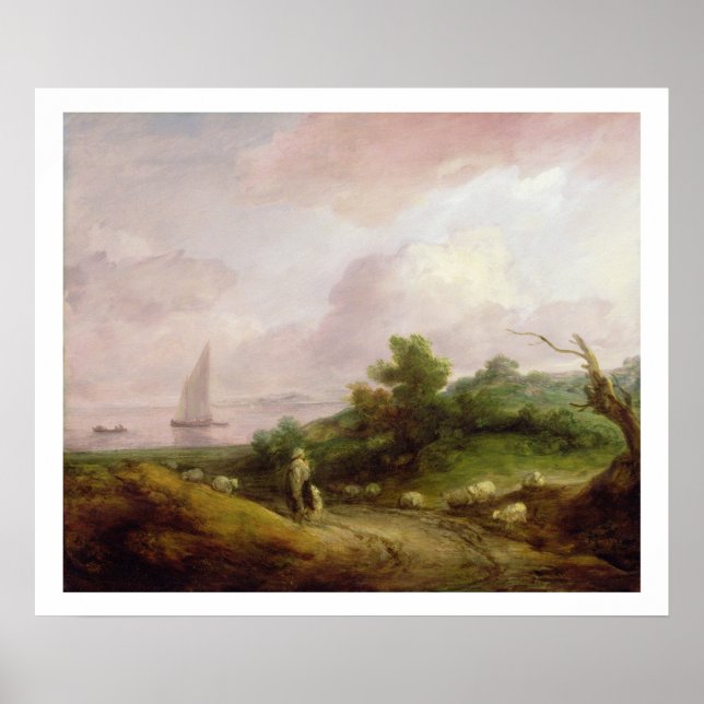 Póster Paisaje costero con pastor y su rebaño, c (Frente)
