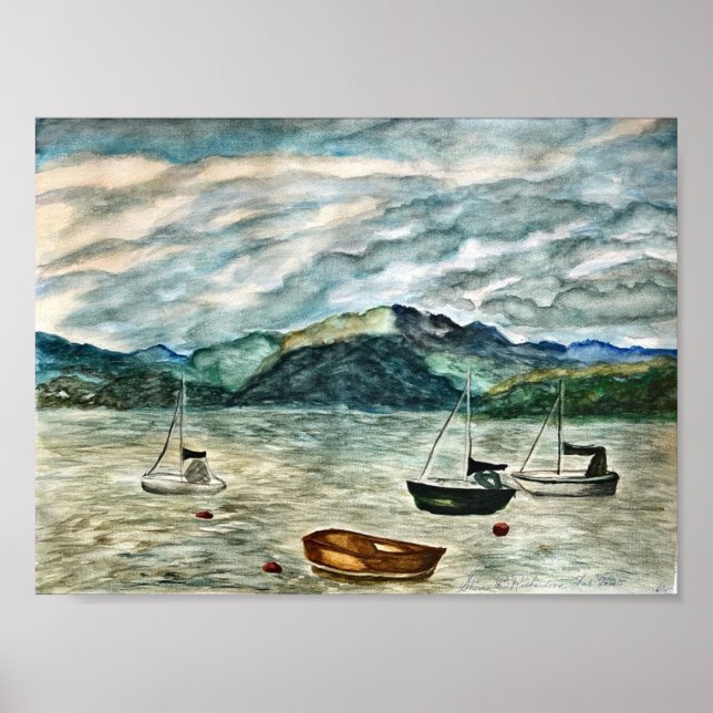 Póster Paisaje costero escocés con barcos de Shira B (Frente)