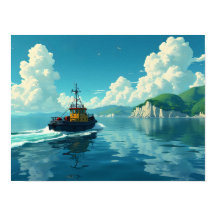 Paisaje costero náutico de remolcador retro escéni