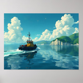 Póster Paisaje costero náutico de remolcador retro escéni