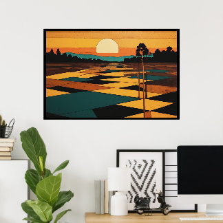 Póster Paisaje Cubista Colores Planos Campos Surrealismo