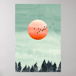 Póster Paisaje de Acuarela Moderna Atardecer Pájaros Árbo