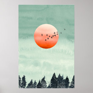 Póster Paisaje de Acuarela Moderna Atardecer Pájaros Árbo