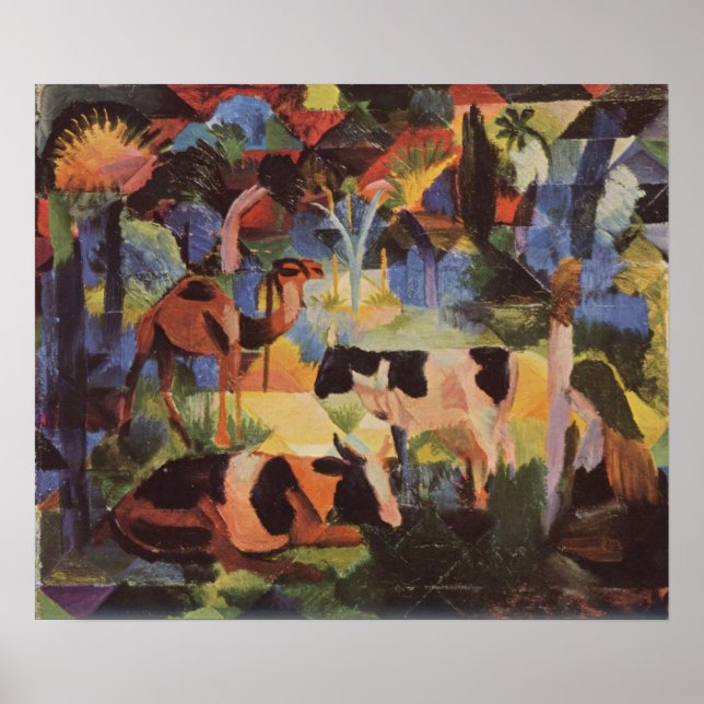 Póster Paisaje de agosto de Macke con vacas y camello (Frente)