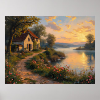 Póster Paisaje de Amanecer en una Granja Rústica