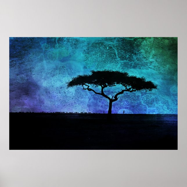 Póster Paisaje de árboles de acacia africanos en azul y p (Frente)