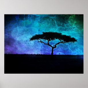 Póster Paisaje de árboles de acacia africanos en azul y p