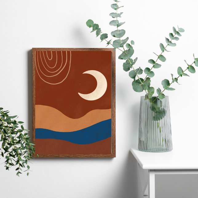 Póster Paisaje de Boho Moon Resumen Terracotta Trendy (Boho Moon Landscape Beige Brown Blue White Wall Art. Digital and Printed)