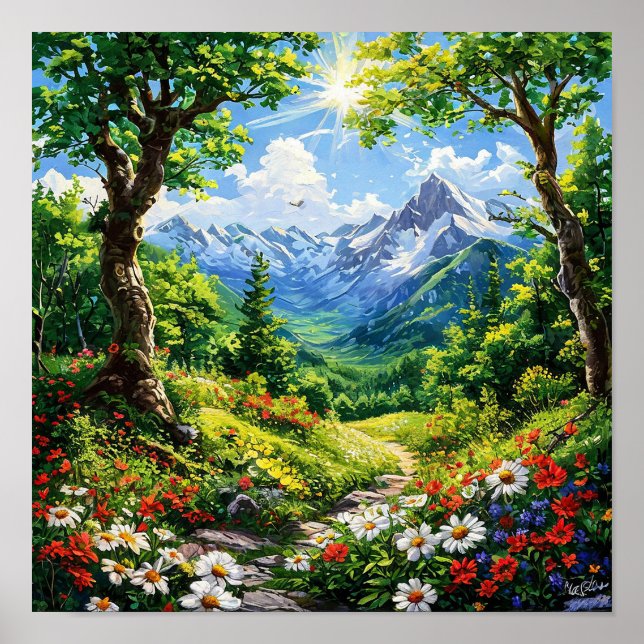 Póster 🌿 Paisaje de bosque de montaña con escenario de f (Frente)