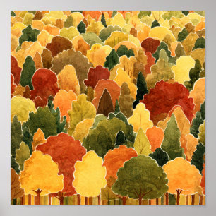 Póster Paisaje de bosque otoñal en acuarela