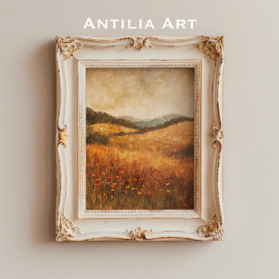 Póster Paisaje de campo de flor silvestre de otoño vintag