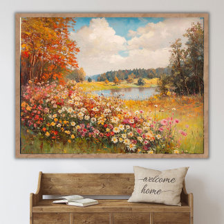 Póster paisaje de campo de flores silvestres de otoño, pi