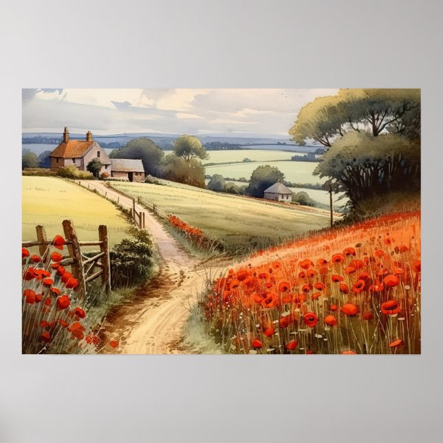 Póster Paisaje de campo de la amapola (Frente)