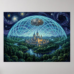 Póster Paisaje de ciencia ficción de la noche estrellada 