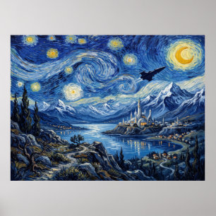 Póster Paisaje de ciencia ficción de noche estrellada en 