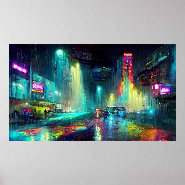 Póster Paisaje de Ciudad Futurista con edificios, gente (Frente)