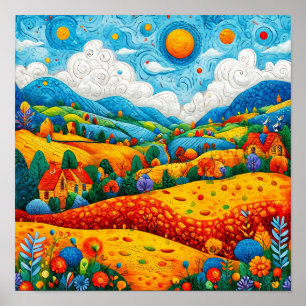 Póster Paisaje de Dibujos Animados de Fantasía Caprichosa