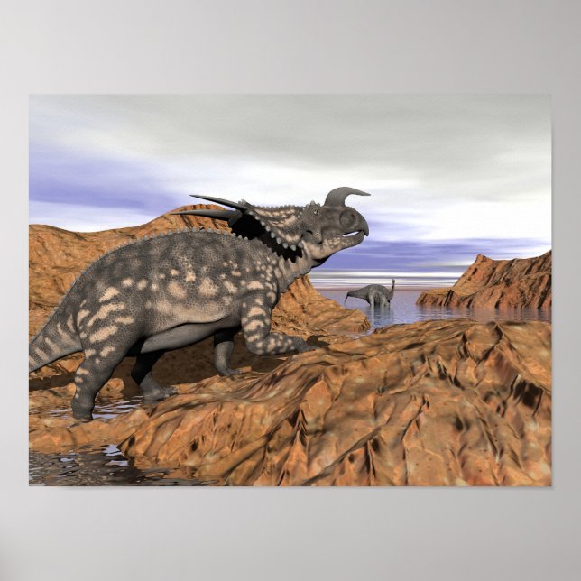 Póster Paisaje de dinosaurios - presentación 3D (Frente)