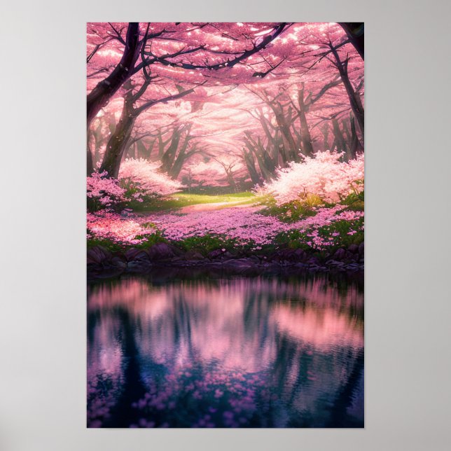 Póster Paisaje de ensueño en flor de cerezo a orillas del (Frente)