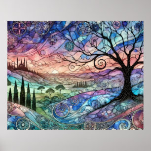 Póster Paisaje de fantasía con árbol y puesta de sol colo