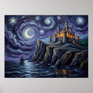 Póster Paisaje de fantasía de la noche estrellada de Flor