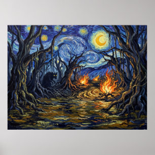 Póster Paisaje de fantasía de la noche estrellada del pan