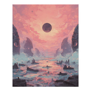 Póster Paisaje de fantasía del eclipse de niebla celestia