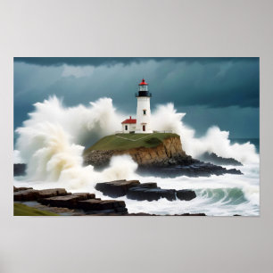 Póster Paisaje de faro Olas oceánicas costeras calmo mar