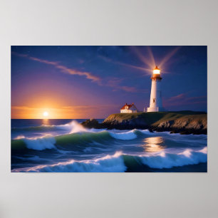 Póster Paisaje de faro Olas oceánicas costeras Sunset