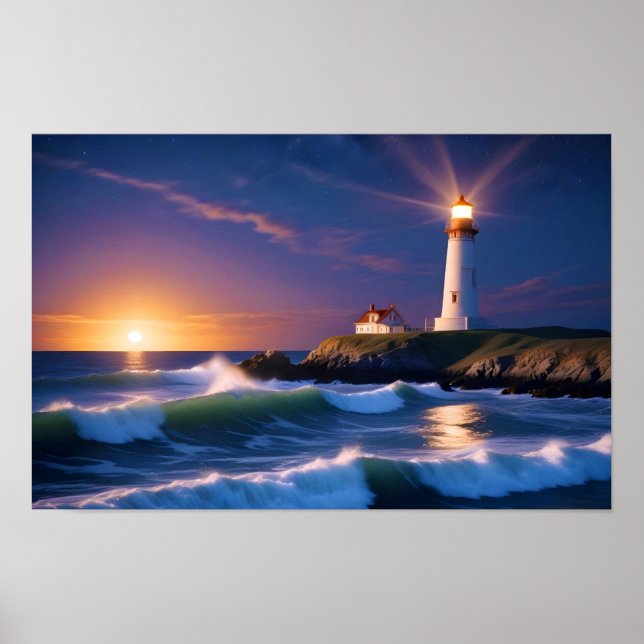 Póster Paisaje de faro Olas oceánicas costeras Sunset (Frente)