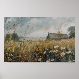 Póster Paisaje de flores silvestres, pintura de campos de